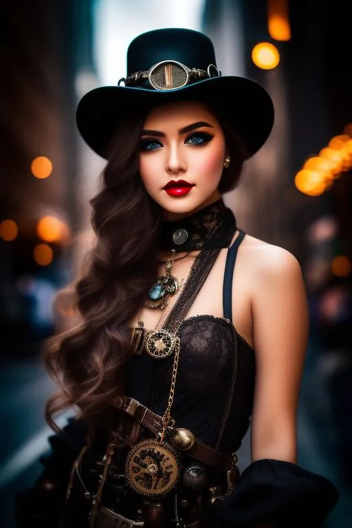 Prompt: half body professional photo of a woman, fashion photography, clear and highly detailed eyes, a sultry steampunk outfit, city background, soft glow,
