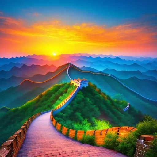 Prompt: An impressionist photo of a sunset over the Great Wall of China made of gumdrops.
