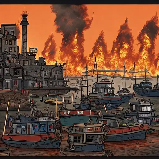 Prompt: an harbour burning while zombies harm people

