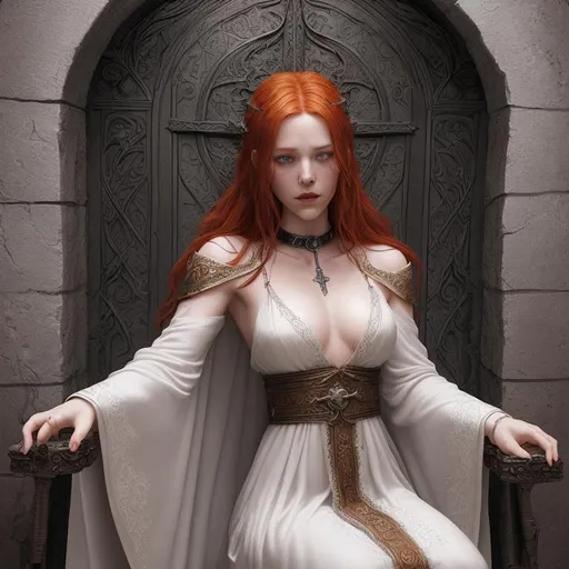 Prompt: Create a fantasy style ultra Intricate detailed biblical style "Gates of Hell". Focused on a gorgeous young slender drunk female redhead princess bride, passed out and bound securely on a demonic sacrificial alter room. Wearing an iron slave collar, wearing white silk apostates robe, lying on her back on a large stone alter. Professional Photo Realistic Image, RAW, artstation, splash style dark fractal paint, contour, hyper detailed, intricately detailed, unreal engine, fantastical, intricate detail, steam screen, complementary colors, fantasy concept art, 8k resolution, deviantart masterpiece, splash arts, ultra details Ultra realistic, hi res, UHD, 64k, 2D art rendering.