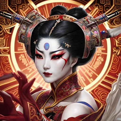 Prompt: photo of a Beijing Opera characters wearing elaborate makeup and full costume, action scene with intense swordplay, in the style of stefan kostic, realistic, sharp focus, symmetric, 8k high definition, insanely detailed, intricate, elegant, art by stanley lau and artgerm, William-Adolphe Bouguereau