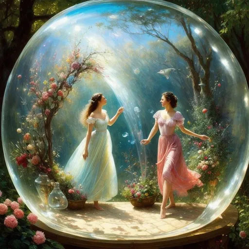 Prompt: fairytale dreamland inside a bubble Glass. The glass is on a table. art  by Daniel Merriam, Yosef kote, pino daeni and James jean. beat quality, cinematic smooth. polished finish 