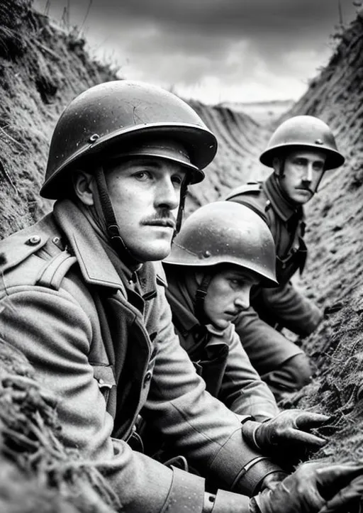 Prompt: World War One Soldiers in a World War One Trench in black and white