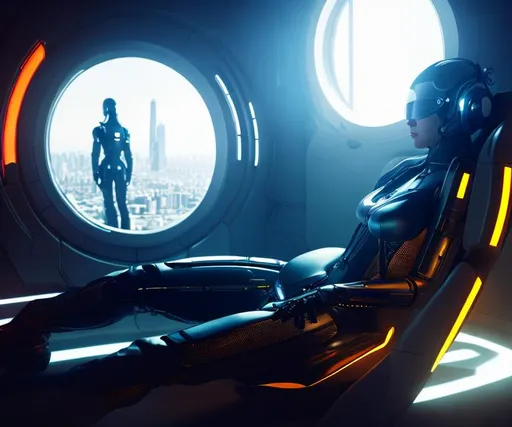 Prompt: a spaceship cyborg pilot in a transparent suit, laying down in a chair, in a cyberpunk setting, cyborg, implants, high details, realistic , professionally colour graded, photorealism, 8k, grim dark lighting, art by the Caravage