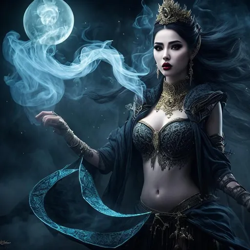 Prompt: beautiful female smoke queen of the night coming out of the magic lamp hyper realistic extremely detailed dark cinematic style of vallejo