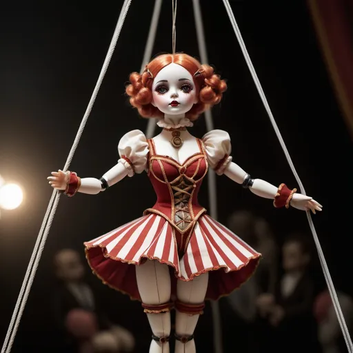 Prompt: A small female doll in a circus like outfit, full body is visible, she is dangling down, being controller by strings held by huge hands.