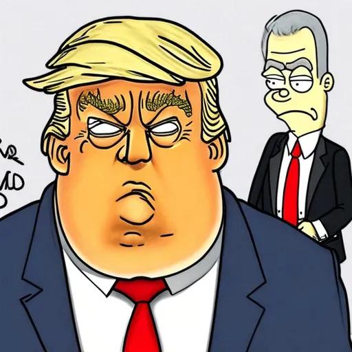 Prompt: 
Trump-Cartoon:  one frightened obese Trump getting arrested, in too long red tie and darkblue suit, handcuffs, black-haired FBI, Simpson style