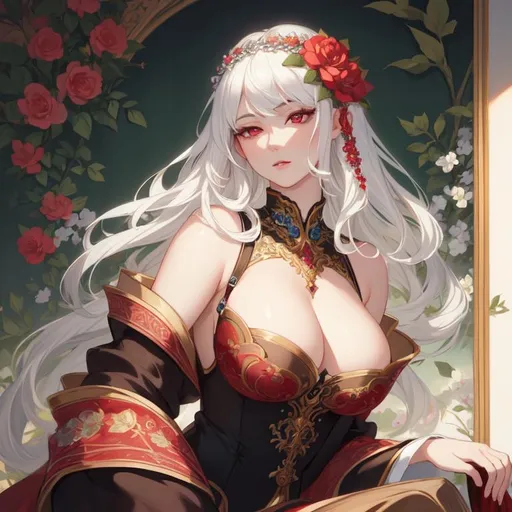 Prompt: Masterpiece, illustration, best quality:1.2), 1girl, solo, white hair, dignfied, finely detailed, detailed face, toned face, beautiful detailed eyes, beautiful detailed shading, beautifully detailed background, ruby red eyes, flowers everywhere, flower inspired,