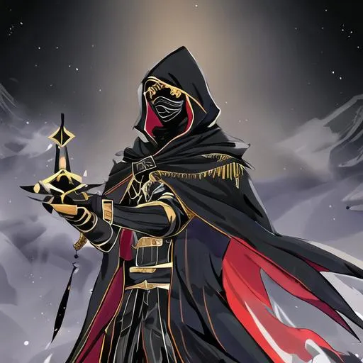 Prompt: Assassin cloaked and half ski mask,  golden stripes at the edge of his diamonds on his cloth, black cloak,  black smoke emits from cloak,space background