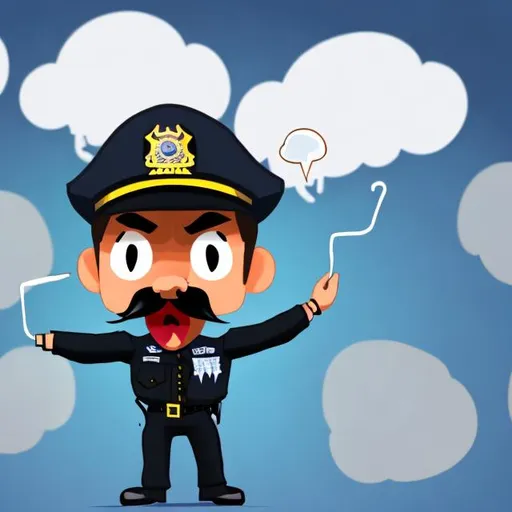 Prompt: very tiny police man with mustache yells at online discord chat clouds at 1pm on a monday