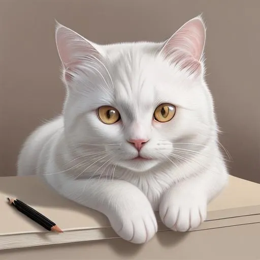 Prompt: Realistic drawing, a white cat with brown eyes, and a textbook in its paw, DeviantArt, Artstation