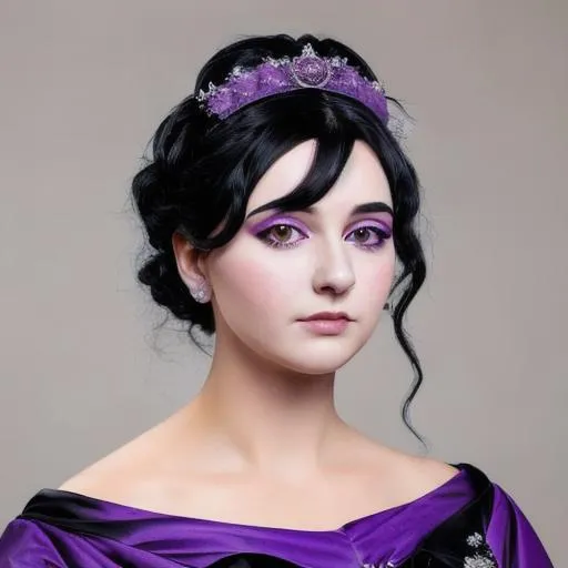 Prompt: A beautiful Victoria woman with black hair and violet eyes, wearing a purple gown