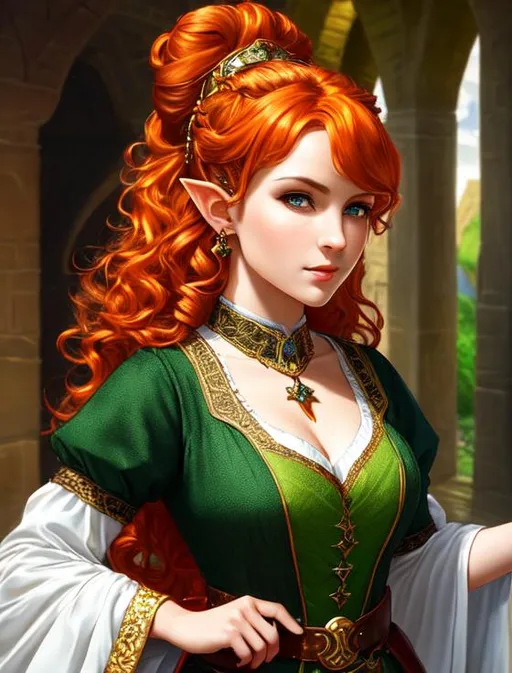 Prompt: oil painting, fantasy,  UHD, hd , 8k, , hyper realism, Very detailed, zoomed out view of character, panned out view, full character visible,  elf female artist, she has curly orange hair in a bun, she has green eyes, she is wearing medieval attire