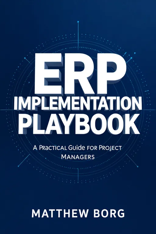 Prompt: Create a modern business book cover, front only, 1.6:1 (2560x1600). The design is typography-led: huge bold title stacked in 3 lines, very high contrast. Background: simple abstract tech network of dots and thin lines forming a subtle circular “target” or halo behind the title, symbolizing alignment and go-live. Minimal, clean, professional, 2–3 colors maximum (dark blue + white + one accent). Lots of negative space.
Add EXACT readable text:
Title (very large, stacked):
ERP
Implementation
Playbook
Subtitle (smaller): A Practical Guide for Project Managers
Author (bottom): Matthew Borg
No icons that look like brand marks. Text must be perfectly spelled and sharp.
Negative prompt: tiny unreadable subtitle, extra words, no misspelled words, distorted letters, neon cyberpunk, stock-photo office scenes, logos/brands, clutter, blur.