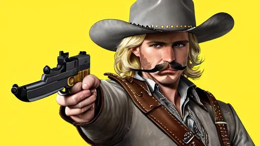 Prompt: Photorealistic cowboy Western Style with blond moustache blonde , carring two pistols Winchester 1873 pistol in hands  and  grey breastplate, leather shoulder.