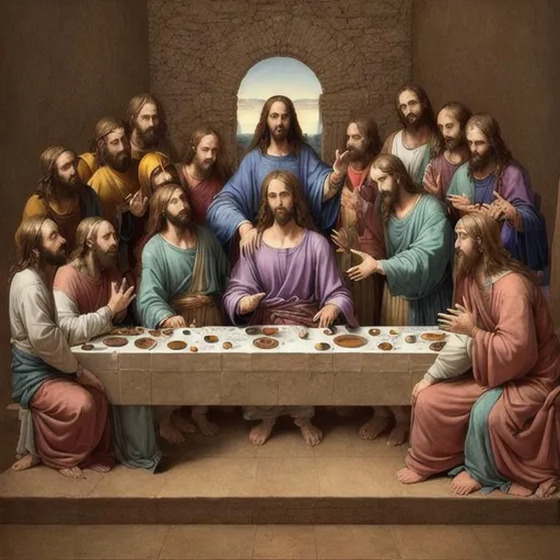 Prompt: Imagine that you are tasked with creating a Last Supper artwork that transcends traditional depictions of the scene. Your artwork should evoke a sense of wonder, mystery, and awe, drawing viewers into a deeper understanding of Jesus' message and the symbolism of the Last Supper.

Perhaps your artwork features an unexpected twist, such as an extra guest at the table who represents a previously overlooked aspect of Jesus' teachings. Or maybe your depiction emphasizes the beauty and richness of the natural world, with lush vegetation and vibrant colors underscoring the significance of Jesus' sacrifice.

Consider using abstract or surreal elements to convey the spiritual significance of the moment, such as shimmering light or otherworldly shapes. You could also experiment with different artistic styles, such as impressionism, expressionism, or minimalism, to give your artwork a unique and memorable character.

Ultimately, your goal is to create an artwork that invites viewers to engage with Jesus' message in a new and transformative way. So don't be afraid to push the boundaries and think outside the box as you create your Last Supper masterpiece.