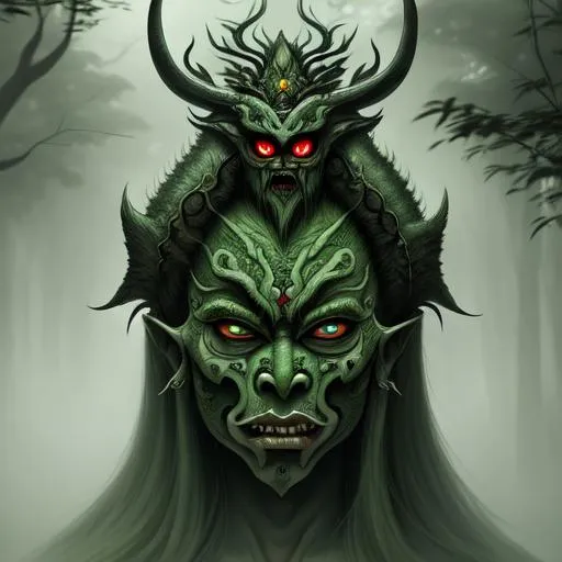 Prompt: Classicism art of genderowo,artistic,artstation,ghost,indonesian Folklore,Indonesian Mythology,big,scary,foggy,forest,green skin,highly detailed,ultra-fine detailed,ugly,angry,Sharp focus,dynamis,smooth,realistic,
