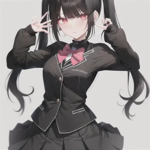 Prompt: a cute black-haired girl with a dark academia aesthetic, long pigtails, a leader personality, school uniform, who likes music,kuromii hairpin

