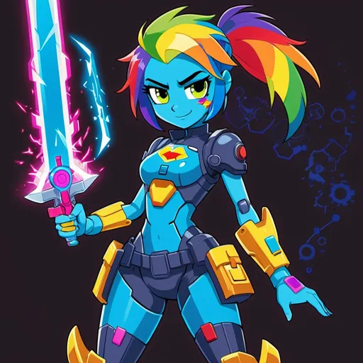 Prompt: cyberpunk equestria girls rainbow dash with rainbow hair and blue skin, wearing tech armor and wielding a laser knife