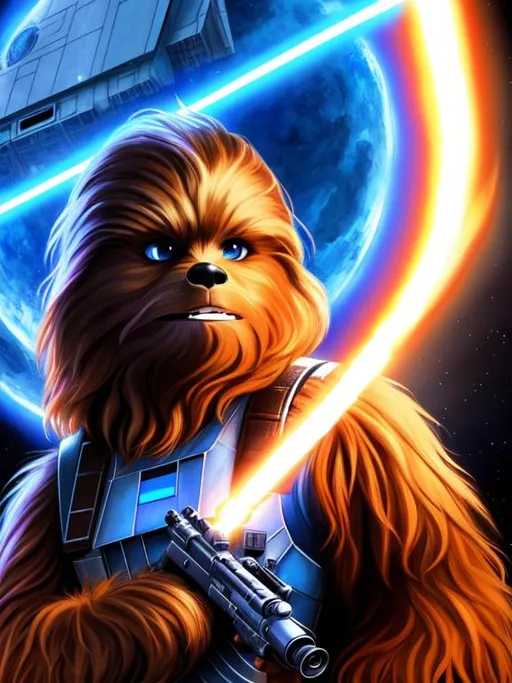 Prompt: Chewbacca with blue Eyes and no gear, Millennium Falcon, long shot, super detailed comic book illustration, dramatic lighting, 