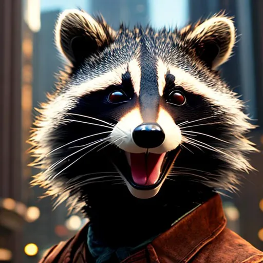 Prompt: A photo of a anthropomorphic raccoon man with no right eye,natural light,city background,extremely realistic,extremely detailed.