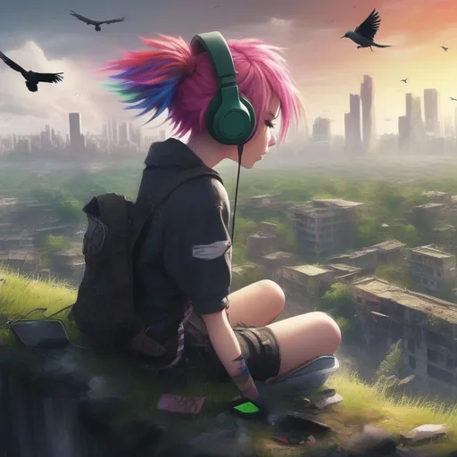 Prompt: Masterpiece, 4k, Punk Girl with Rainbow Hair, Headphones, Anime, Dystopia, Cityscape, Ruins, Post-Apocalyptic, Forest, Grass, Birds