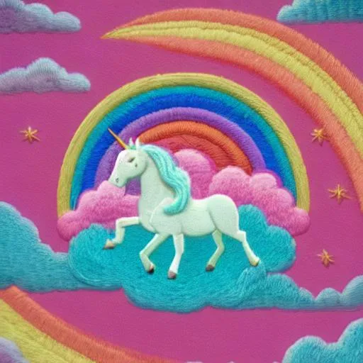 Prompt: A pastel pink colored wallpaper with small pictures of unicorns, rainbows, and clouds embroidered everywhere, 4K resolution