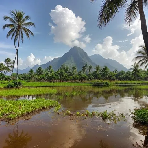 Prompt: Thai landscape, palm trees, rice fields, elephants, hibiscus, plumeria