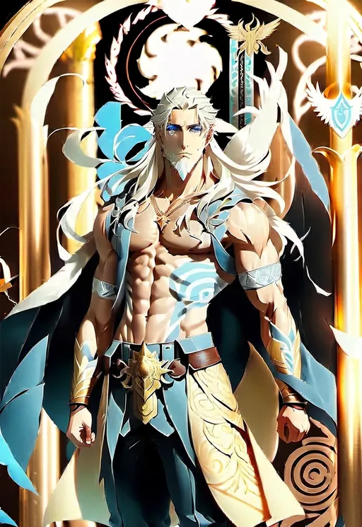 Prompt: Anime illustration of a Nordic Victorian Odin, blue and white colors, slim muscular tone, wind and lighting, perfect autonomy body shape, anime, Nordic Victorian, Odin, slim muscular, blue and white colors, atmospheric lighting