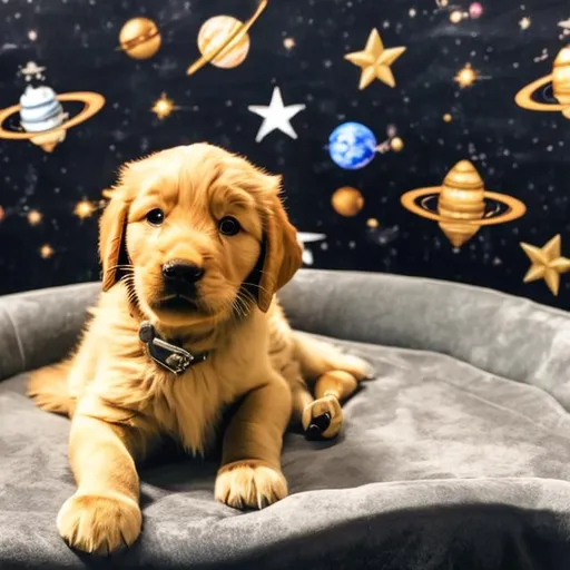 Prompt: Buddy the golden retriever puppy at mercury and Venus in outer space