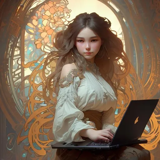 Prompt: A beautiful girl who is coding with laptop, , 8k resolution concept art portrait by WLOP, Alphonse Mucha dynamic lighting hyperdetailed intricately detailed Splash art trending on Artstation triadic colors Unreal Engine 5 volumetric lighting