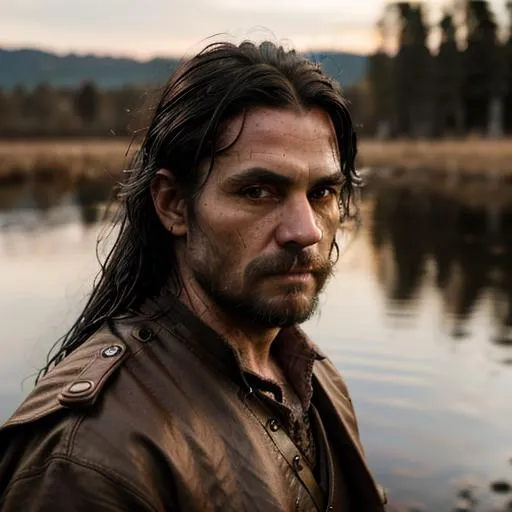 Prompt: best quality, professional picture, total, grim sturdy european man adventurer medieval fantasy setting, empty look, brown eyes, black long wet hair, medieval sturdy adventurer clothing, symmetrical detailed face, detailed skin texture, (blush:0.2), (goosebumps:0.3),  swamp in the background,  evening time, RAW photo, 8k uhd, dslr, high quality, film grain, Leica 50mm, extremely detailed, natural lighting,