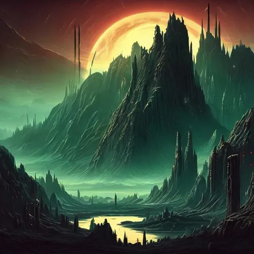 Prompt: retro sci-fi dark fantasy landscape
