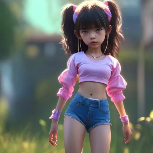 Prompt: Very pretty child with skimpy clothes very small and tight top, panty like bottoms hyper realistic
Small chest pulling her shorts down