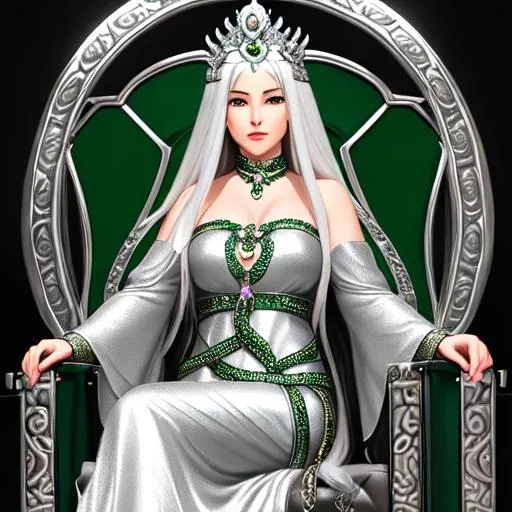 Prompt: snake goddess, silver hair, throne, emeralds
