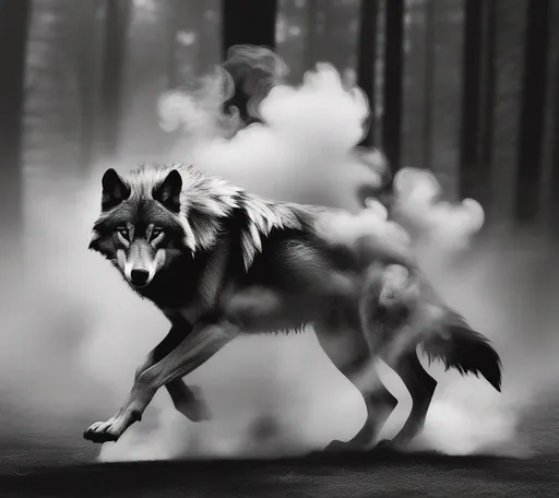 Prompt: Black and white wolf made of smoke. The wolf is running out of a fire that is destroying a forest.