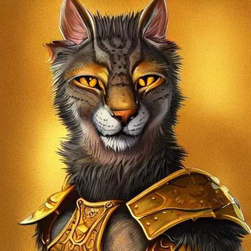 Prompt: full face and upper body DnD detailed art portrait of a tabaxi, lionin, paladin in golden plate armor