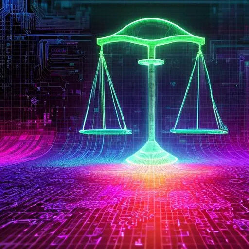 Prompt: n image that depicts in the style of 90's digital art the concept "ethics in a digital world" and have it include the scales of justice. the image should be made of digital zeros and ones