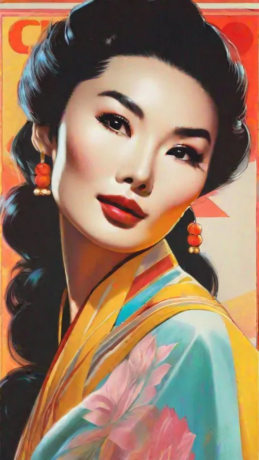 Prompt: A beautiful 60s asian pinup girl, face of Maggie Cheung Man-yuk，poster, holding showing a red card. With mainly like orange red, yellow, white,cyan and pastel pink hue colors.