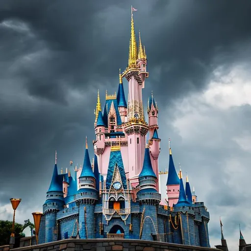 Prompt: Disney Castle with rain clouds