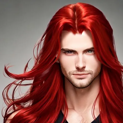 Prompt: Handsome man with long, silky red hair