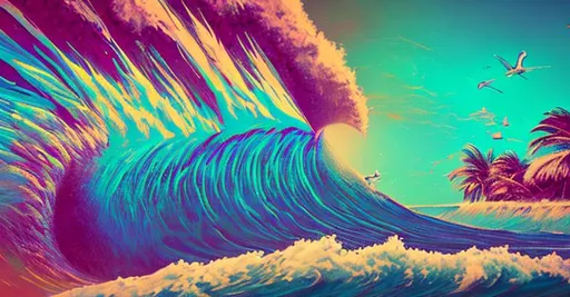 Prompt: retrowave psychedelic tropical surfing crazy epic