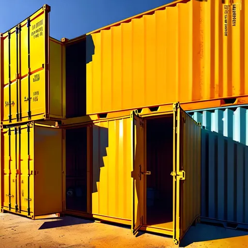 Prompt: A mid-range shot of a 40ft high cube double doors shipping container illuminated by a warm yellow light from within, emphasizing the security and reliability that ADR8 USA provides. 