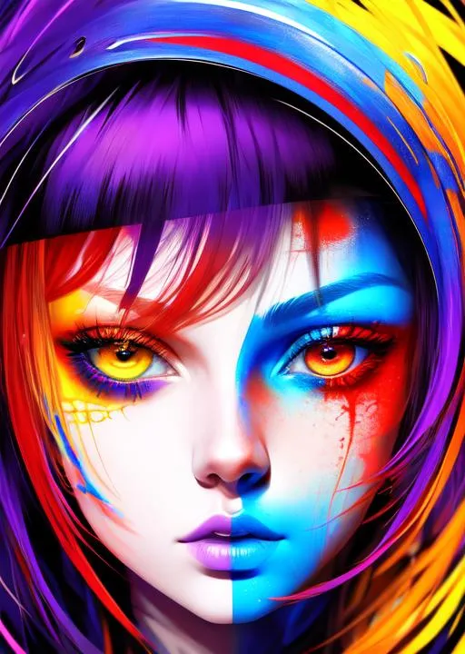 Prompt: Abstract art of girl,blue,red,yellow,purple,orange,black,artistic,aesthetic,meaning,pretty eyes,gorgeous,edgy,raw,colorful background,64k,dynamic,full emotional,masterpiece,epic,complex,highly detailed,perfect composition,