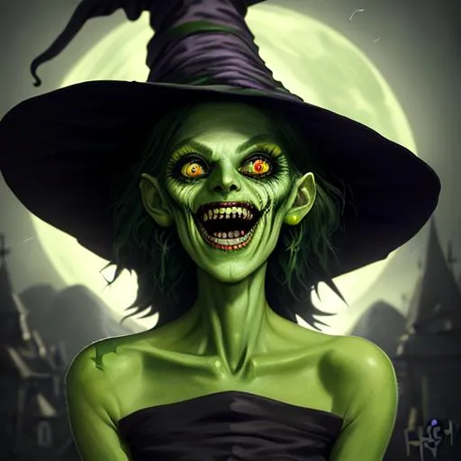 Prompt: head shot, detailed painting, skinny scary ugly witch, laughing, green skin, black hair, outdoor, ghosts, HDR, UHD, 64K, highly detailed, studio lighting, Professional, trending on
artstation, harvest moon