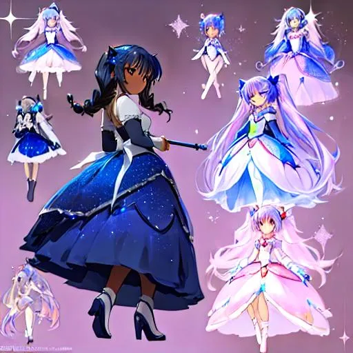 Prompt: A character sheet of an anime magical girl with  hair and dark skin, covered in stars. blue accents on outfit. holding a wand Concept Art. puffy skirt. madoka magica inspired. ballet inspired. ballgown inspired. reference sheet, different expressions,  different poses, concept sheet, beautiful face, pigtails hair