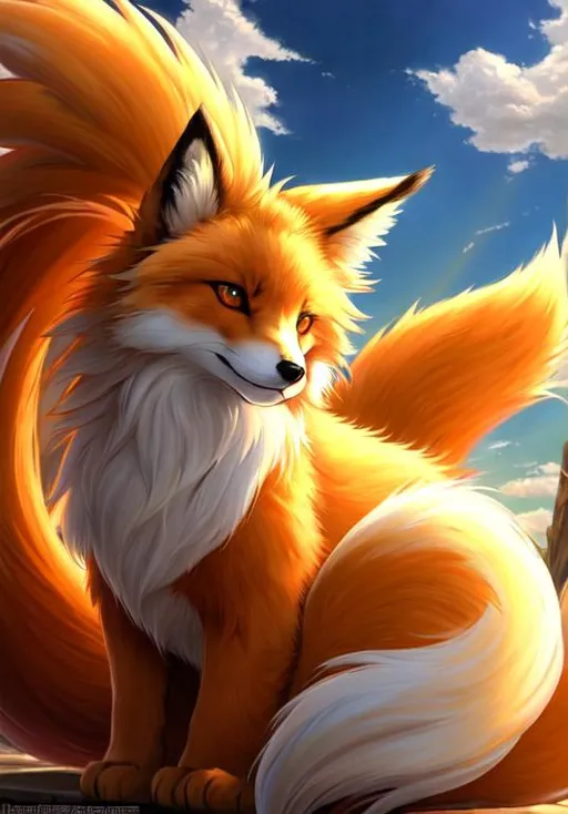 Prompt: UHD, , 8k,  oil painting, Anime,  Very detailed, zoomed out view of character, HD, High Quality, Anime, , Pokemon, Ninetales is a quadrupedal  fox Pokémon covered in thick luxurious golden-white fur with 9 tails. It has a small mane of thicker fur around its neck and a long, fluffy crest atop its head. It has slender legs with three-toed paws and nine, long tails with pale orange tips. It has red eyes, pointed ears, and a triangular black nose.

While intelligent enough to easily understand human speech, Ninetales is a very vengeful Pokémon that has been known to curse those who mistreat it. It can live for 1,000 years due to the energy within its nine tails, each of which is said to have a different mystical power. Flames spewed from its mouth can hypnotize an opponent and its gleaming red eyes that are said to give it the ability to control minds. The anime has shown that it can swim. Being the result of an evolution via Evolution stone, Ninetales is rarely found in the wild, though they can be found in grasslands.

Pokémon by Frank Frazetta