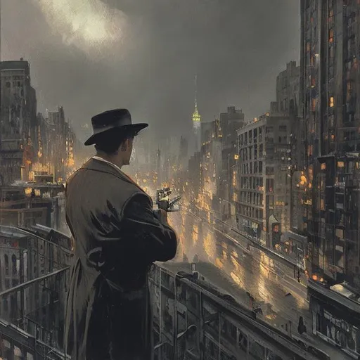 A 1940's Noir Picture Of A Detective Looking Out Of 