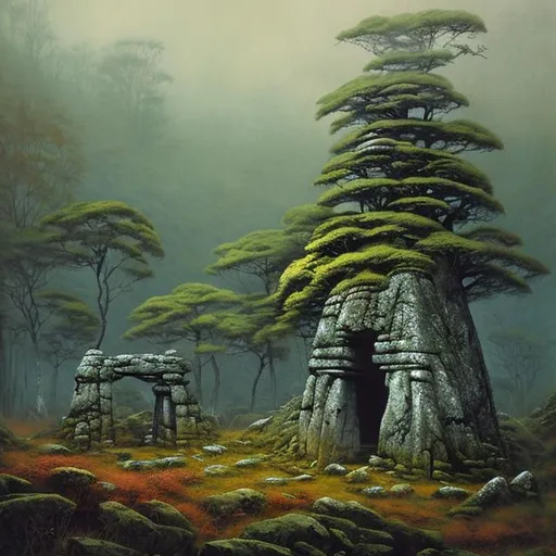 Prompt: Landscape painting, ancient dolmens in te forest, dull colors, danger, fantasy art, by Hiro Isono, by Luigi Spano, by John Stephens