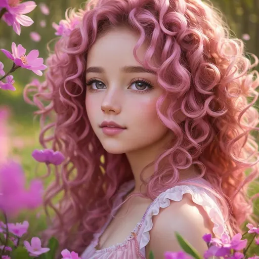 Prompt: a young fairy of spring, very curly hair, pink glow on cheeks,wildflowers, vivid colors, closeup